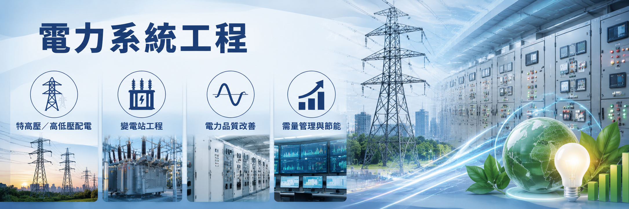 電力系統工程：特高壓／高低壓配電、變電站工程、電力品質改善、需量管理與節能