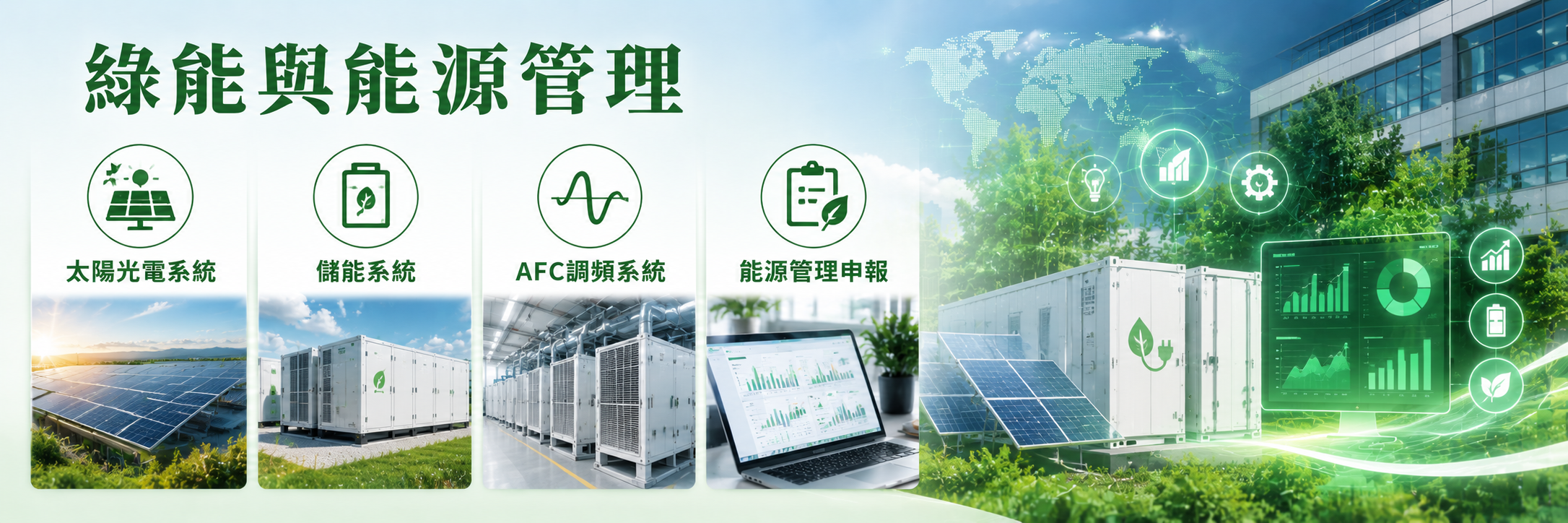 綠能與能源管理：太陽光電系統、儲能系統、AFC調頻系統、能源管理申報