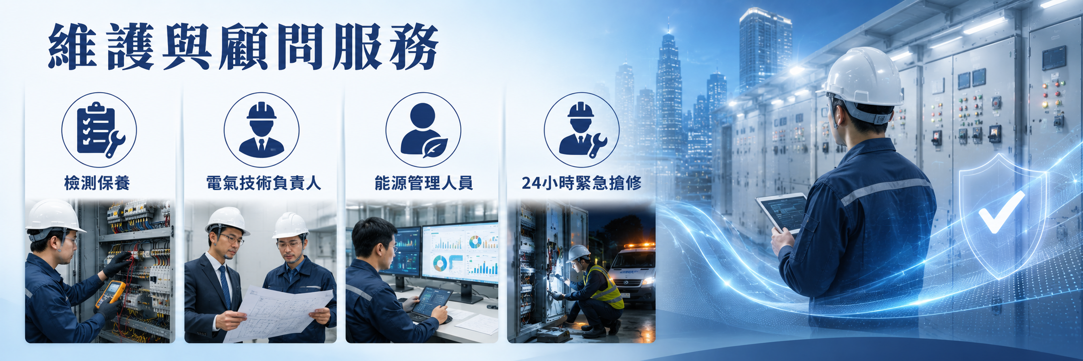 維護與顧問服務：檢測保養、電氣技術負責人、能源管理人員、24小時緊急搶修