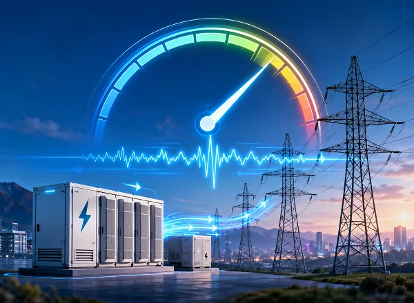 快速調頻：儲能系統即時響應電網頻率變化示意