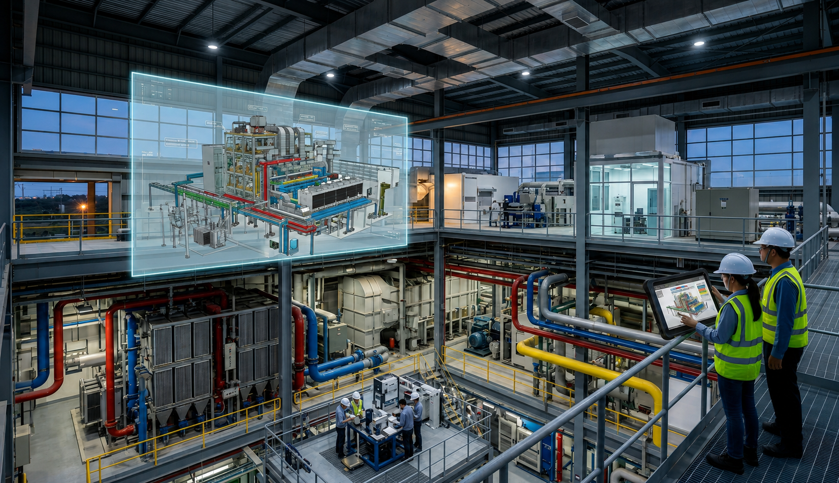 工業廠房機電系統整合規劃寓意：廠房內機電管線、BIM 數位模型與工程人員以平板檢視整合設計